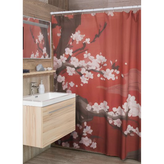 Rideaux De Douche Style japonais Arte cerise blanche Fleur rouge
