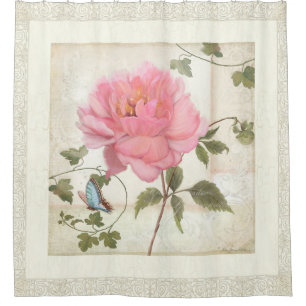 Rideaux De Douche Style vintage Peony Flower w Butterfly n Foliage