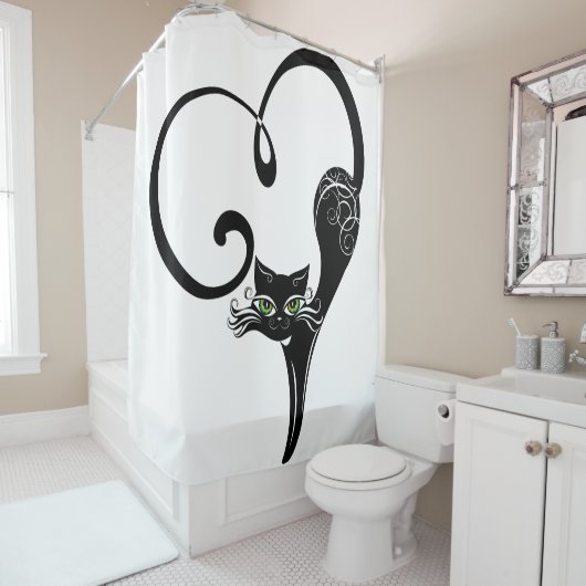 Rideaux De Douche Stylisé Chat Coeur Noir (En situation)