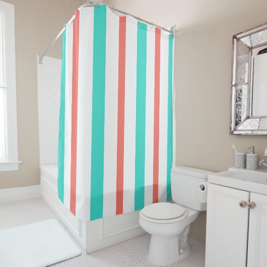 Rideaux De Douche Summer Turquoise Coral White Vertical Stripes (En situation)