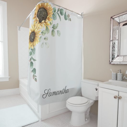 Rideaux De Douche Sunflower Eucalyptus Feuille Script Monogramme (En situation)