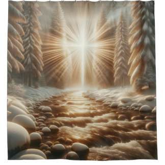 Rideaux De Douche "Sunlit Winter Forest Cross"