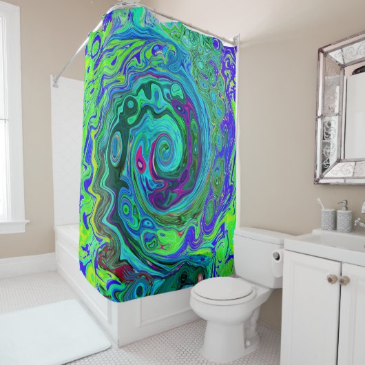 Rideaux De Douche Super Abstrait Retro Green et Blue Swirl (En situation)