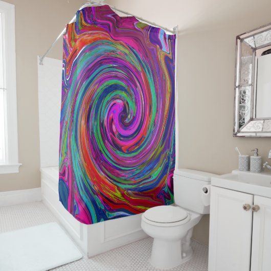 Rideaux De Douche Super Abstrait Retro Magenta Dark Rainbow Swirl (En situation)