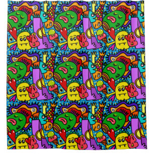 Rideaux De Douche Super amusant Enfants Doodle Créatures Bleu Rouge