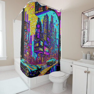 Rideaux De Douche Superbe Mosaïque Vitrail Neon Cyberpunk City