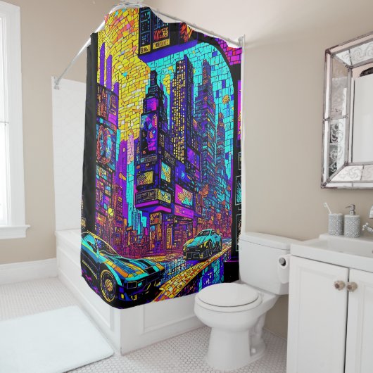 Rideaux De Douche Superbe Mosaïque Vitrail Neon Cyberpunk City (En situation)