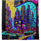 Rideaux De Douche Superbe Mosaïque Vitrail Neon Cyberpunk City (Devant)