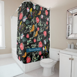 Rideaux De Douche Superbe toile de jute Monogramme l Oiseaux et flor