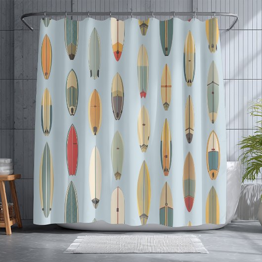 Rideaux De Douche Surf Life | Retro Coastal Blue Surfboard Print