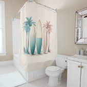 Rideaux De Douche Surf planches palmiers rétro vert jaune (En situation)