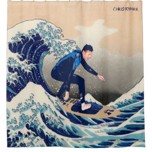 Rideaux De Douche Surfer drôle surfant sur la grande vague de