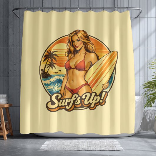 Rideaux De Douche Surf's Up Bikini Pin-Up | Retro Surf Shop Graphic