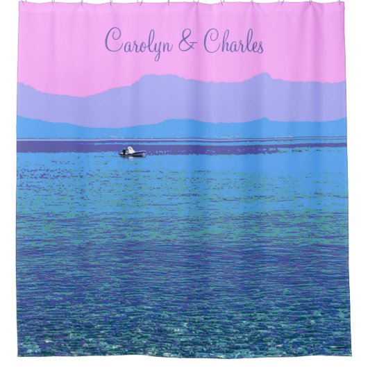 Rideaux De Douche Syros Bleu Mer Méditerranée, avec votre nom (Devant)