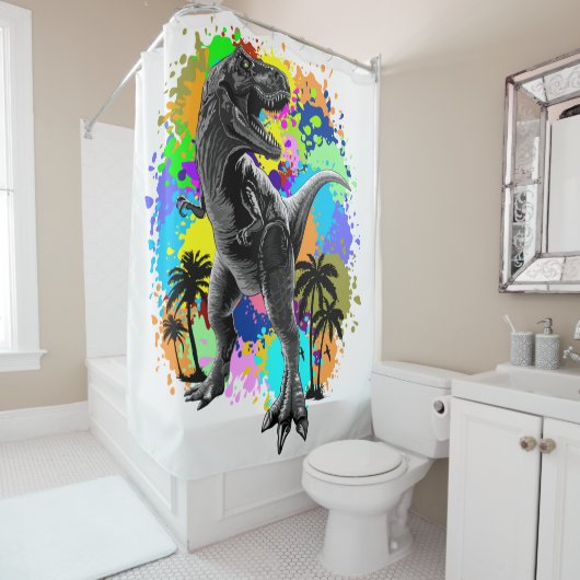Rideaux De Douche T-Rex Dinosaur Jurassic Reptile on Paint Stains (En situation)