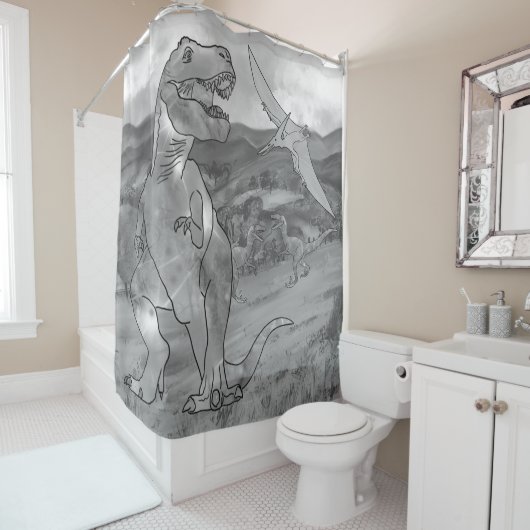 Rideaux De Douche T Rex Dinosaures noir et blanc (En situation)