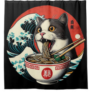 Rideaux De Douche T-shirt Chat Ramen Art Japonais Style Vintage