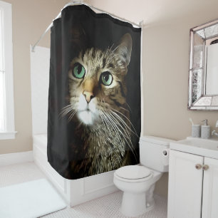 Rideaux De Douche Tabby Chat Aux Yeux Verts Isolé Sur Noir