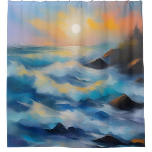 Rideaux De Douche Tableau des vagues bleu clair sous le soleil (Devant)