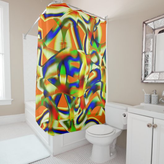 Rideaux De Douche Taches de couleur sur bandes beiges verdâtres cour (En situation)