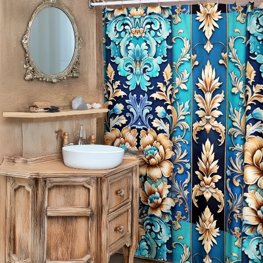 Rideaux De Douche Tan Turquoise Floral Damask Carrelage Occidental