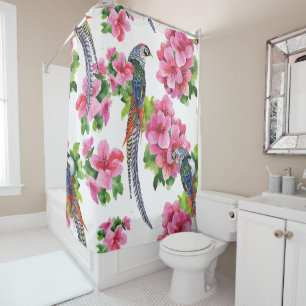 Rideaux De Douche Tandis Que Fleurs Roses Paysannes Et Tropicales