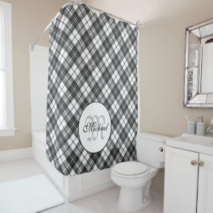 Rideaux De Douche Tartan motif Noël noir blanc Monogramme