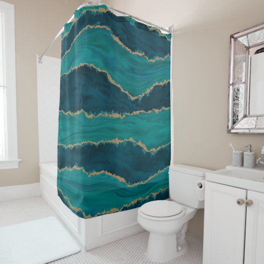 Rideaux De Douche Teal Agate Waves – Abstract Marble with Gold (En situation)