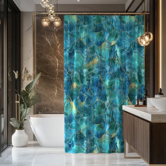 Rideaux De Douche Teal Blue Marble Texture with Gold Veins
