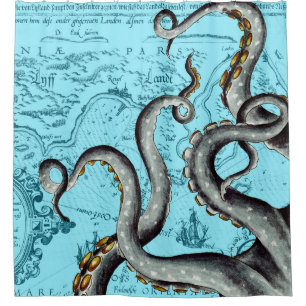 Rideaux De Douche Tentacles Gris Sur Une Carte Vintage Bleue