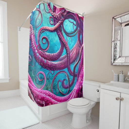 Rideaux De Douche Tentacles Kraken Octopus rose (En situation)