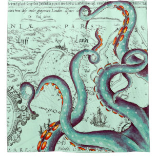 Rideaux De Douche Tentacles Turquoises Sur Une Carte Vintage Turquoi