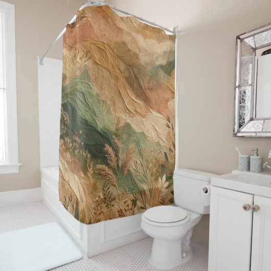 Rideaux De Douche Terracotta Pêche Fleurs Pressées Bohème (En situation)