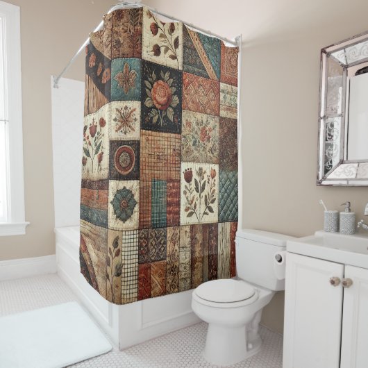 Rideaux De Douche Terre cuite Patchwork Quilt Rustique Retro Floral (En situation)