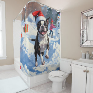 Rideaux De Douche Terrier de Boston Scène de neige festive de Noël