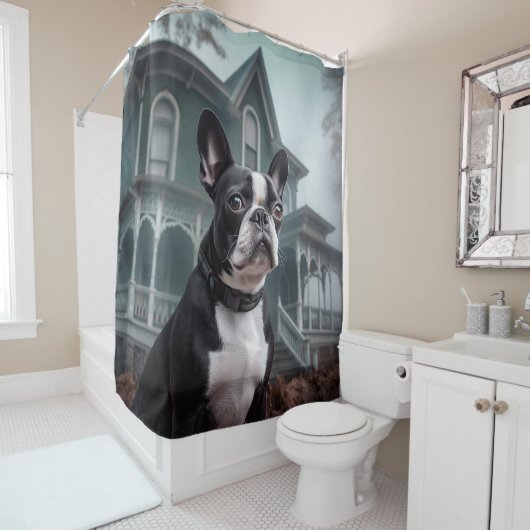 Rideaux De Douche Terror Halloween Terrier de Boston (En situation)