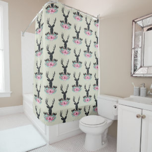 Rideaux De Douche Tête de cerf noir avec Fleurs et Montagnes roses