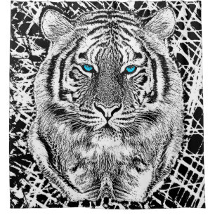 Rideaux De Douche Tête noire et blanche de tigre d'yeux bleus