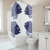 Rideaux De Douche Têtes et blanc nautiques de poissons de bleu (En situation)