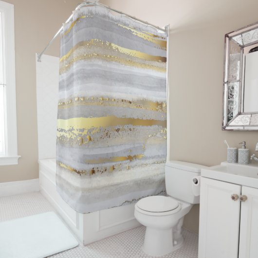 Rideaux De Douche Texture d'aquarelle en or gris luxe (En situation)