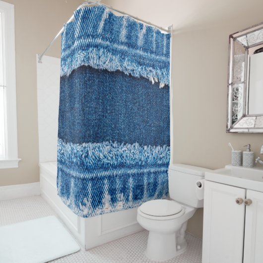 Rideaux De Douche Texture en tissu de jean denim bleu (En situation)