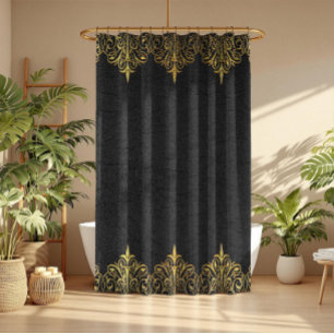 Rideaux De Douche Textures en cuir noir Imprimer Bordure en or