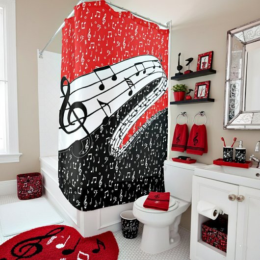 Rideaux De Douche Thème musical rouge et noir