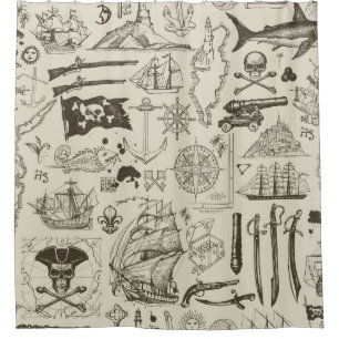 Rideaux De Douche Thème pirate : motif nautique vintage.