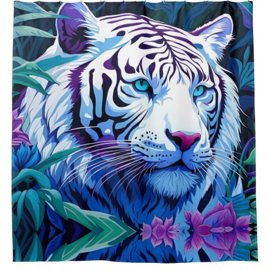 Rideaux De Douche Tigre blanc en fleurs violettes (Devant)