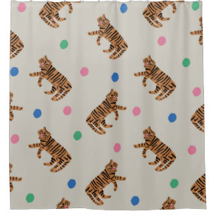 Rideaux De Douche Tigre dessiné à la main vintage et pois colorés i