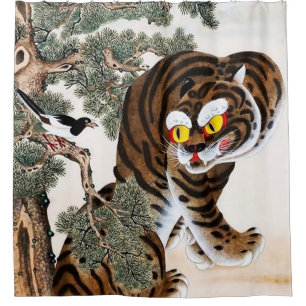 Rideaux De Douche Tigre et pie Minhwa sous un pin