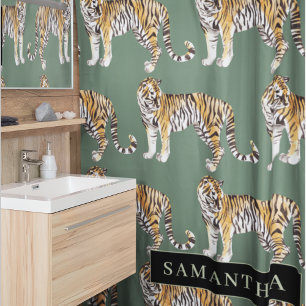 Rideaux De Douche Tigres d'aquarelle verte tropicale Motif avec nom
