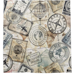 Rideaux De Douche Timbre de passeport rustique motif voyage (4)