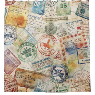 Rideaux De Douche Timbre de passeport rustique motif voyage (6)